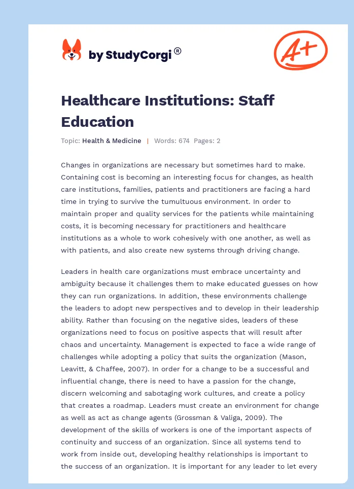 Healthcare Institutions: Staff Education. Page 1