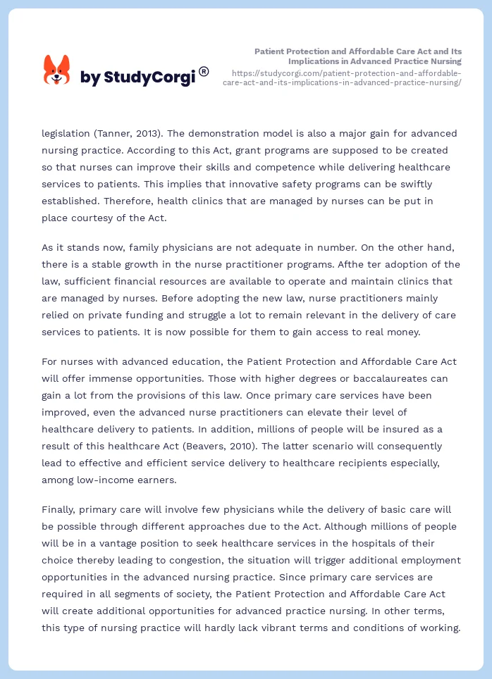 Patient Protection and Affordable Care Act and Its Implications in Advanced Practice Nursing. Page 2
