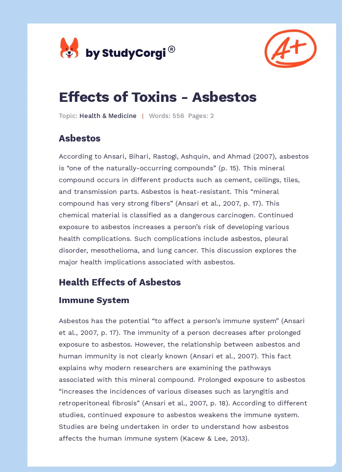 Effects of Toxins - Asbestos. Page 1