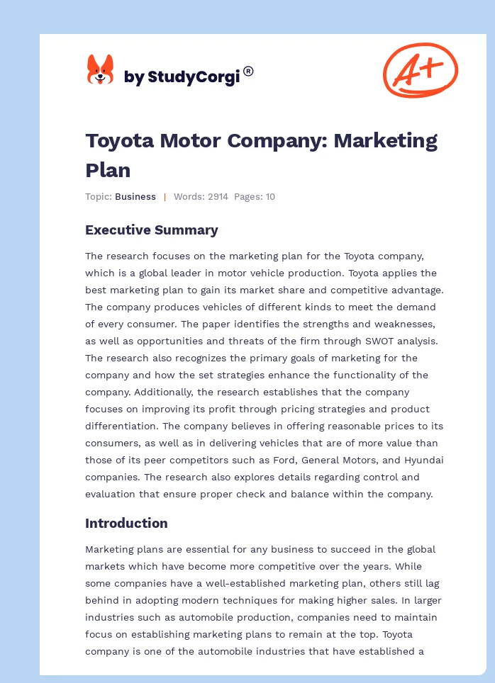 Toyota Motor Company: Marketing Plan. Page 1