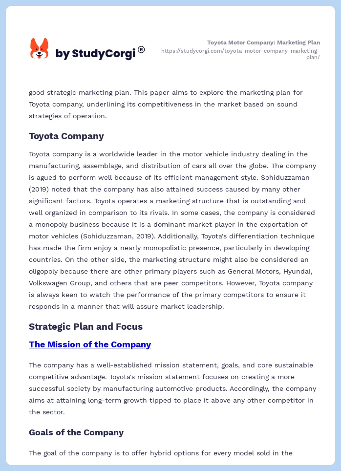 Toyota Motor Company: Marketing Plan. Page 2