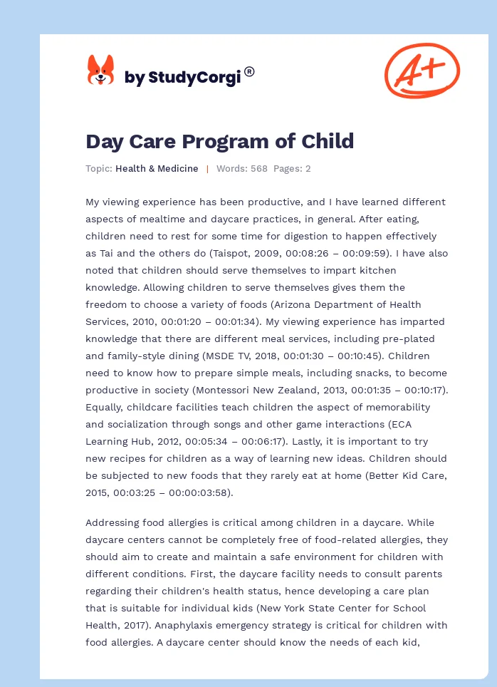 Day Care Program of Child. Page 1