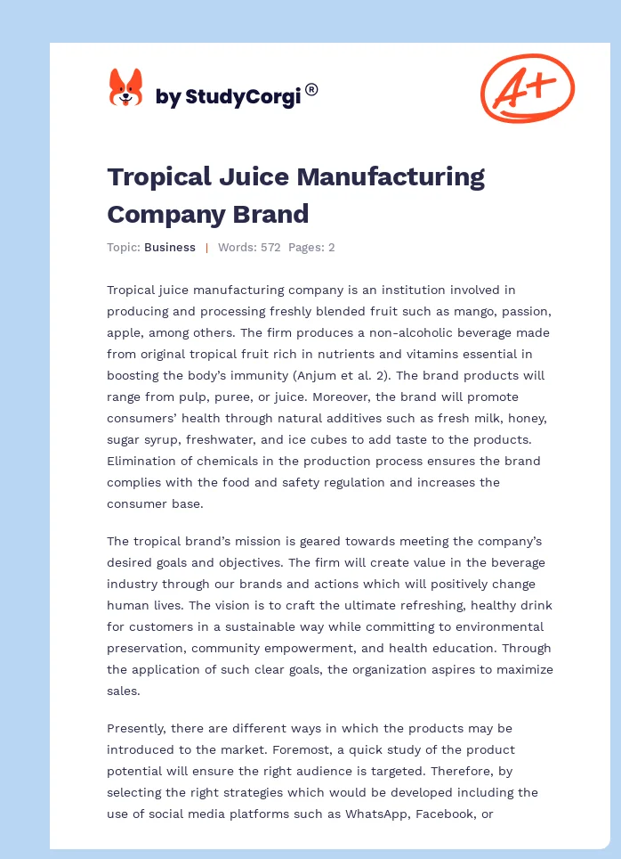 Tropical Juice Manufacturing Company Brand. Page 1