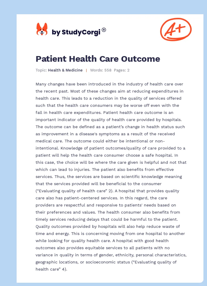 Patient Health Care Outcome. Page 1