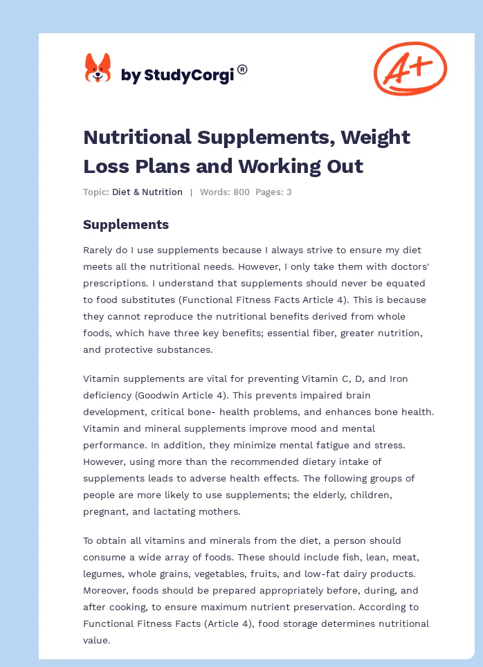 Nutritional Supplements, Weight Loss Plans and Working Out. Page 1