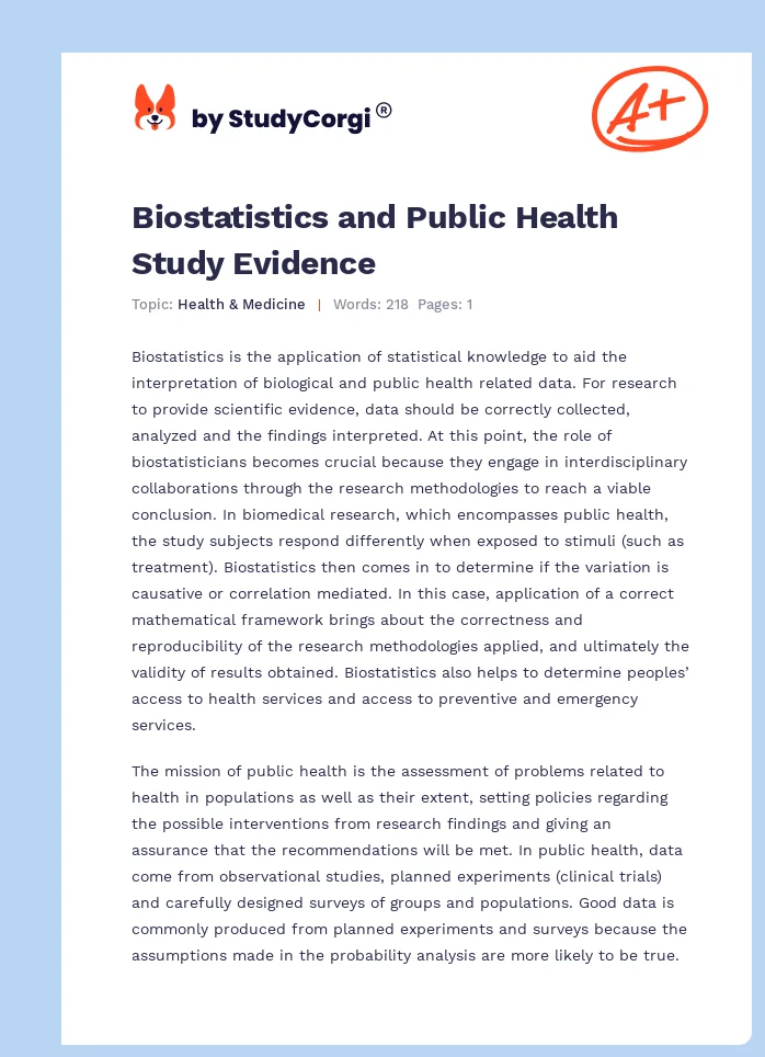 Biostatistics and Public Health Study Evidence. Page 1
