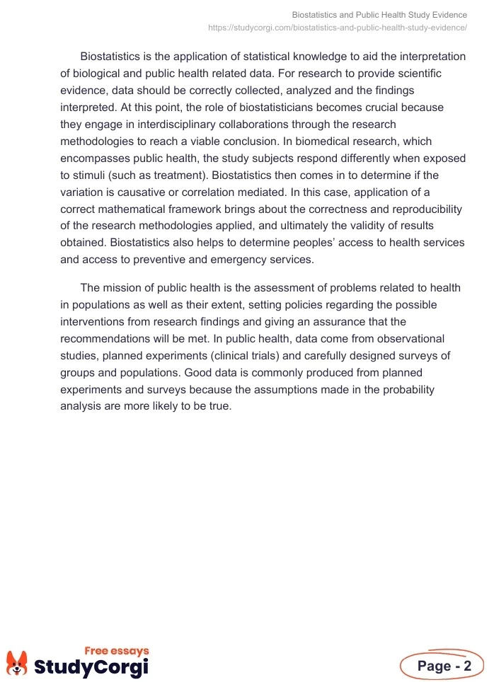Biostatistics and Public Health Study Evidence. Page 2