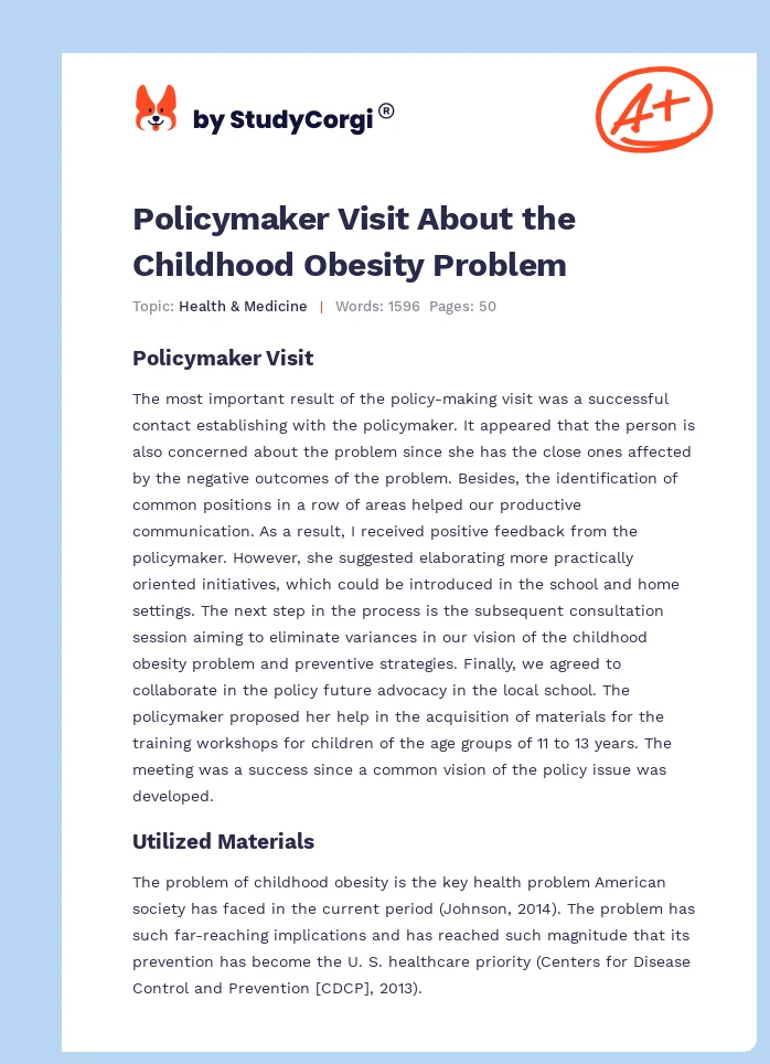 Policymaker Visit About the Childhood Obesity Problem. Page 1