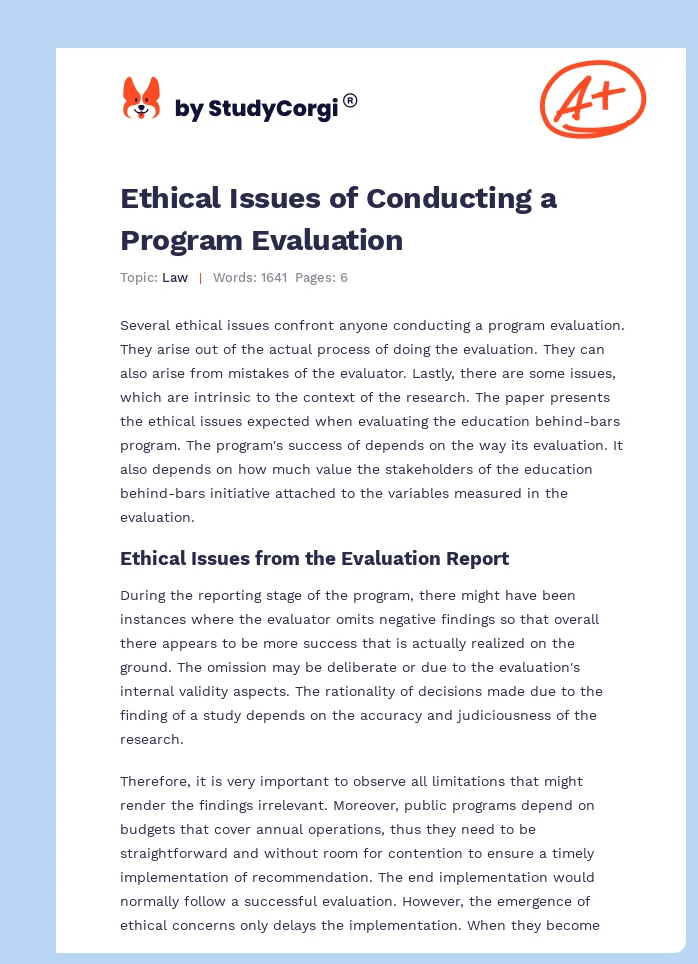 Ethical Issues of Conducting a Program Evaluation. Page 1