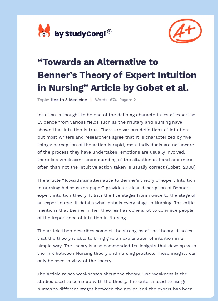 “Towards an Alternative to Benner’s Theory of Expert Intuition in Nursing” Article by Gobet et al.. Page 1