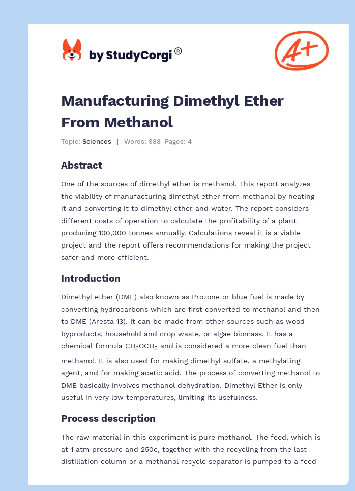 Manufacturing Dimethyl Ether From Methanol. Page 1
