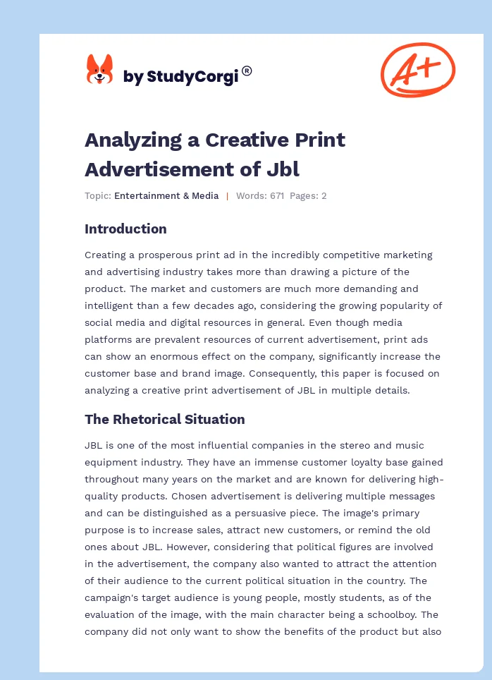 Analyzing a Creative Print Advertisement of Jbl. Page 1