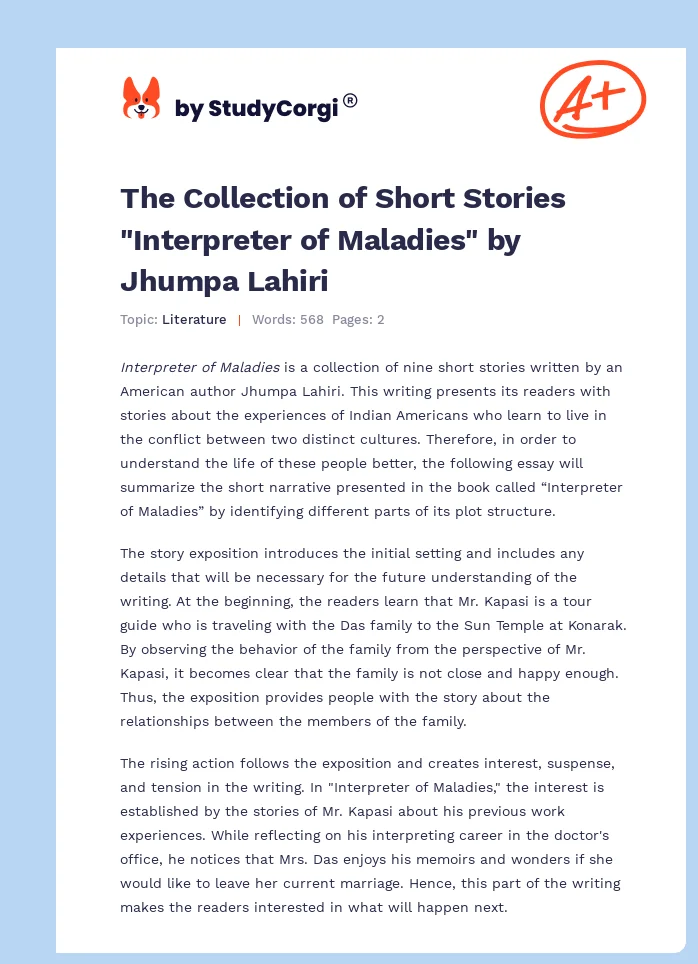 The Collection of Short Stories "Interpreter of Maladies" by Jhumpa Lahiri. Page 1
