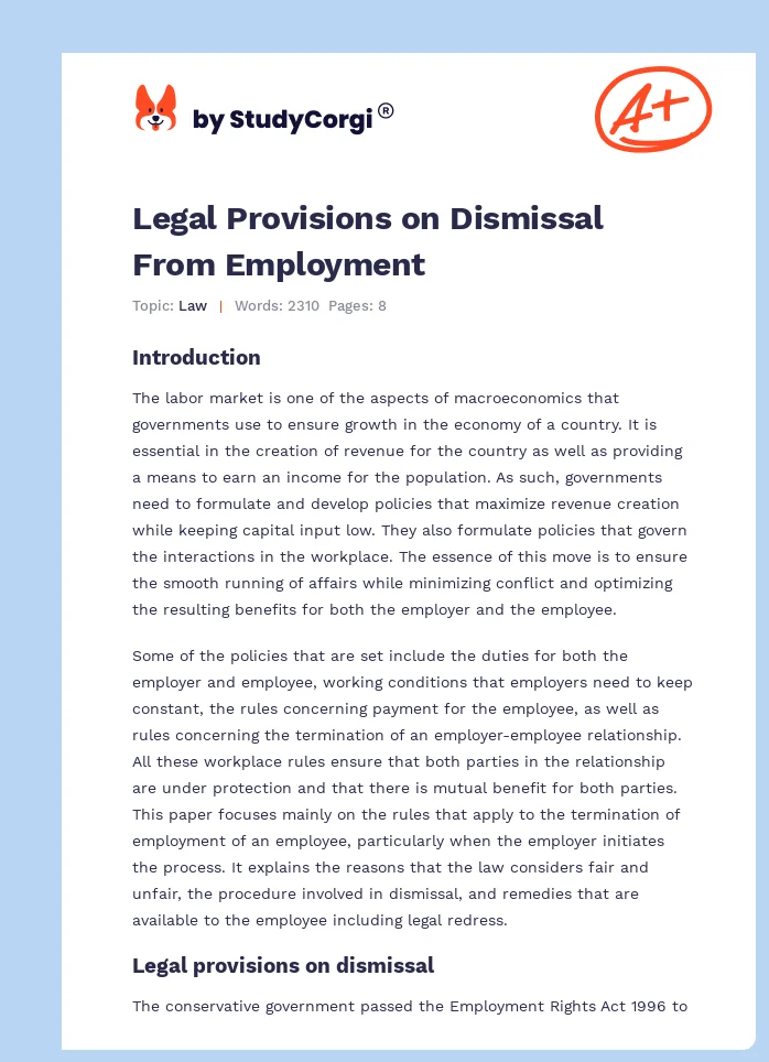 Legal Provisions on Dismissal From Employment. Page 1