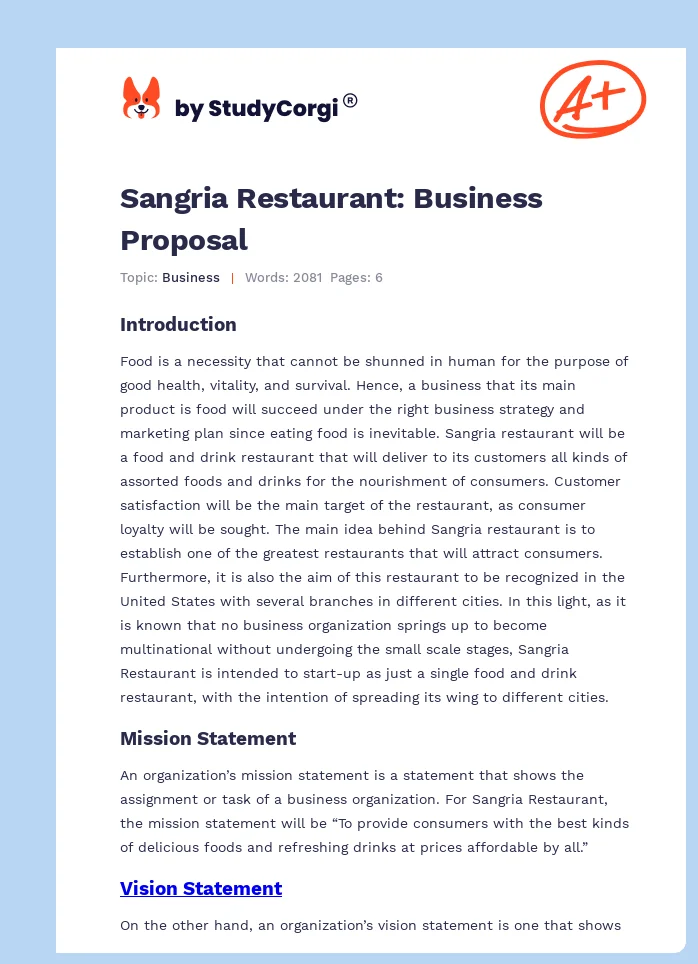 Sangria Restaurant: Business Proposal. Page 1