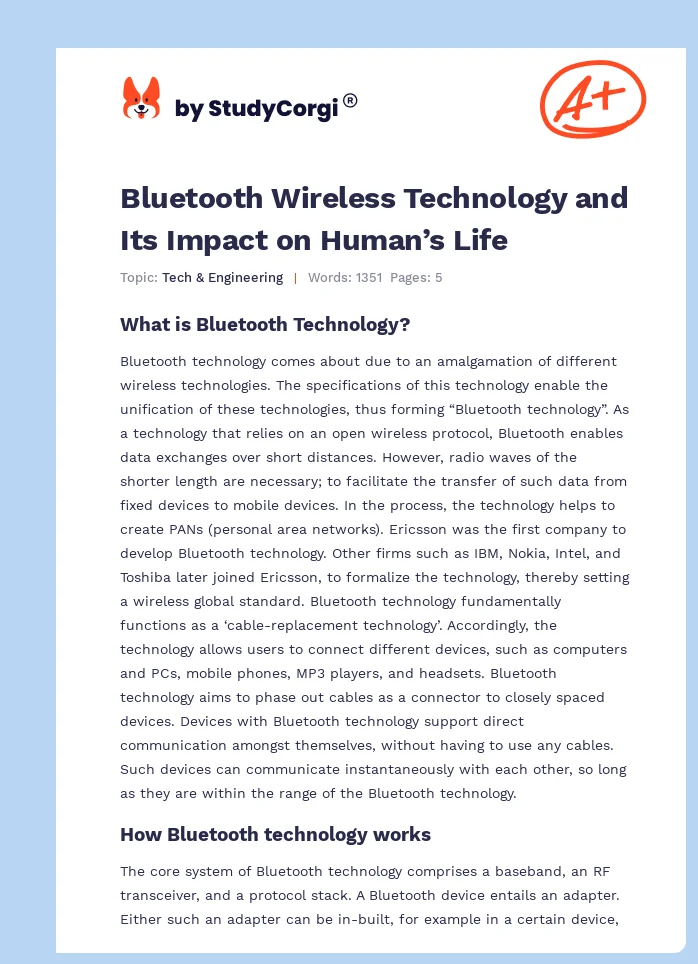 Bluetooth Wireless Technology and Its Impact on Human’s Life. Page 1