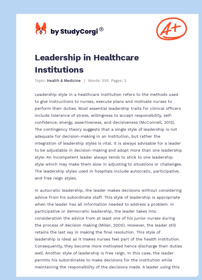 Leadership in Healthcare Institutions. Page 1