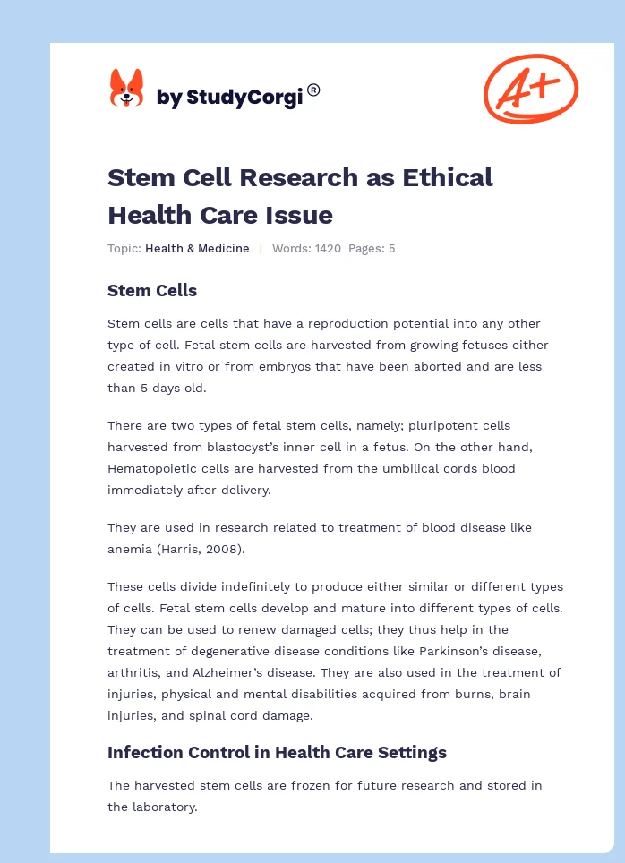 Stem Cell Research as Ethical Health Care Issue. Page 1
