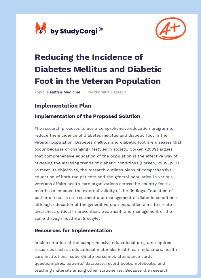 Reducing the Incidence of Diabetes Mellitus and Diabetic Foot in the Veteran Population. Page 1
