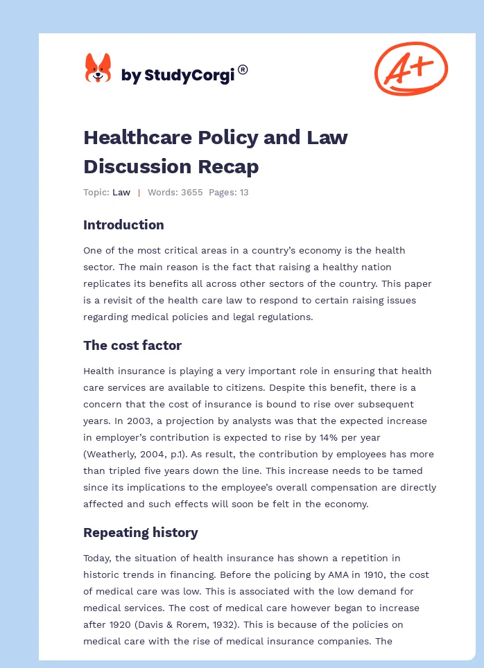Healthcare Policy and Law Discussion Recap. Page 1