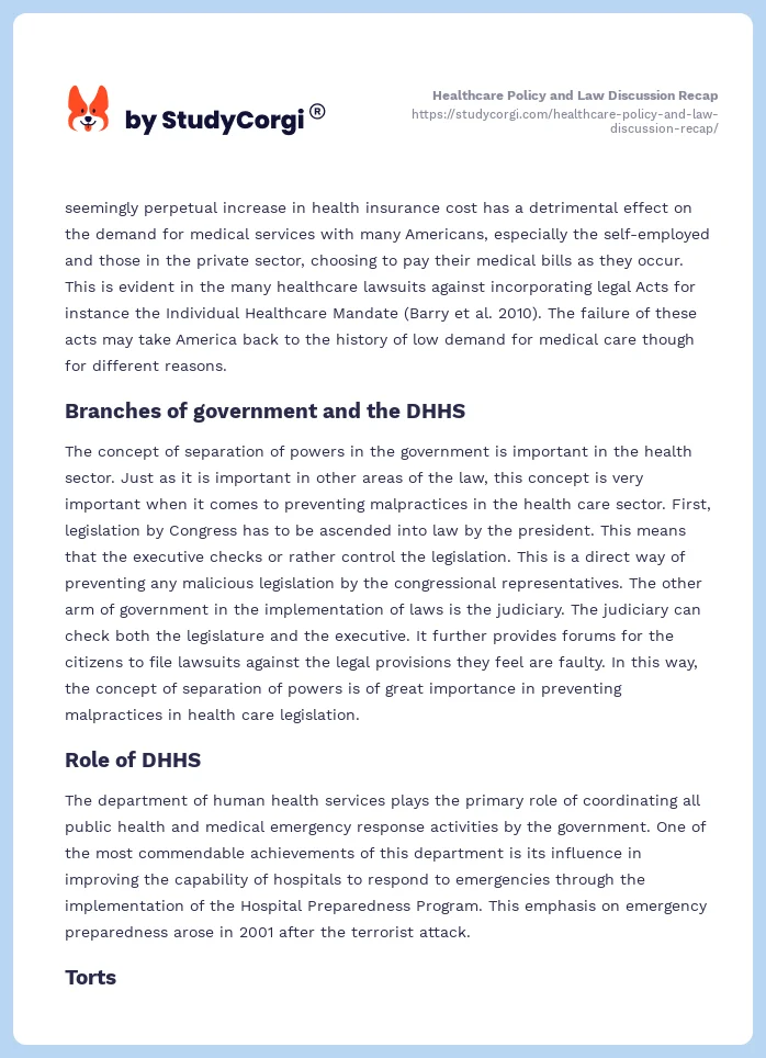 Healthcare Policy and Law Discussion Recap. Page 2