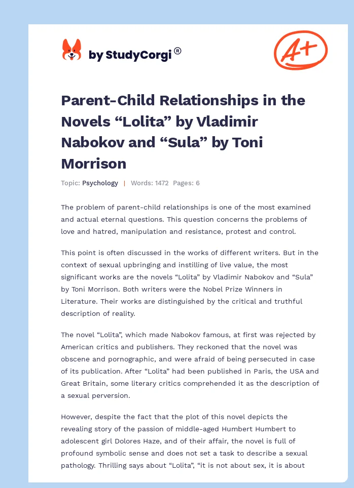 Parent-Child Relationships in the Novels “Lolita” by Vladimir Nabokov and “Sula” by Toni Morrison. Page 1