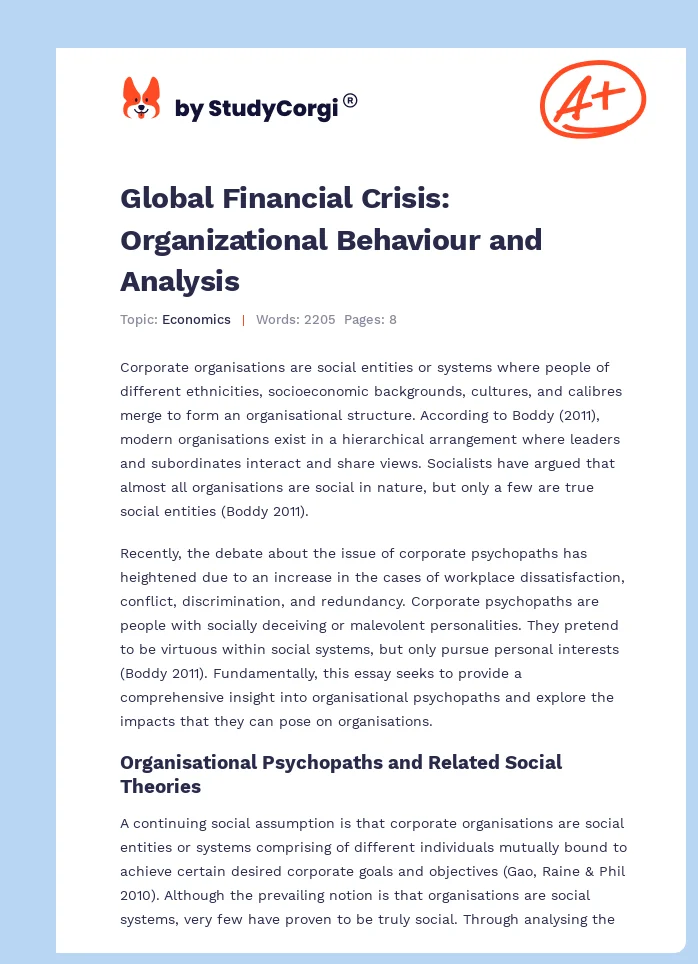Global Financial Crisis: Organizational Behaviour and Analysis. Page 1