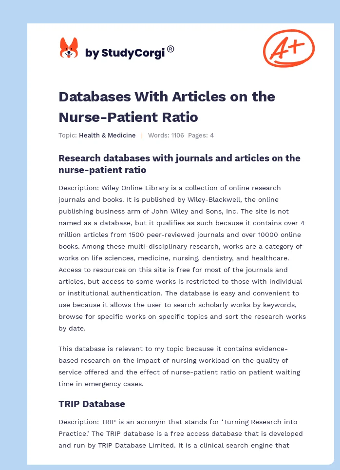 Databases With Articles on the Nurse-Patient Ratio. Page 1