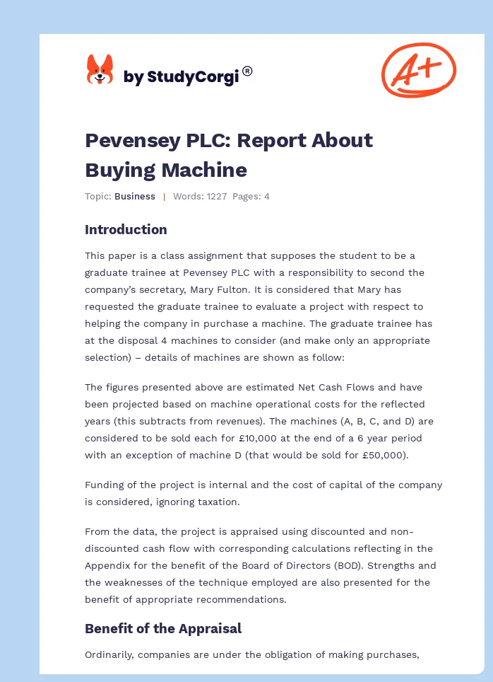 Pevensey PLC: Report About Buying Machine. Page 1