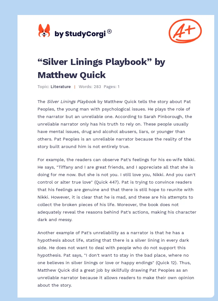 “Silver Linings Playbook” by Matthew Quick. Page 1