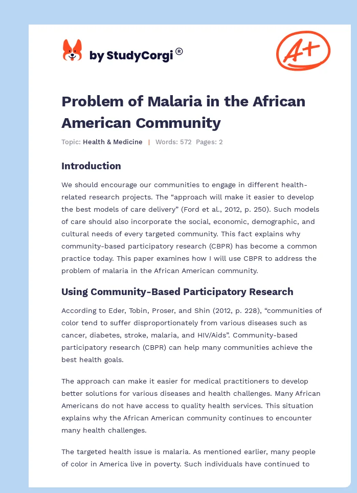 Problem of Malaria in the African American Community. Page 1