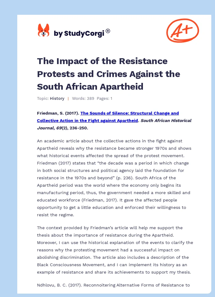 The Impact of the Resistance Protests and Crimes Against the South African Apartheid. Page 1