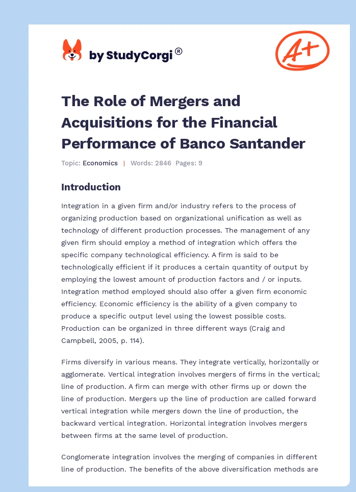 The Role of Mergers and Acquisitions for the Financial Performance of Banco Santander. Page 1