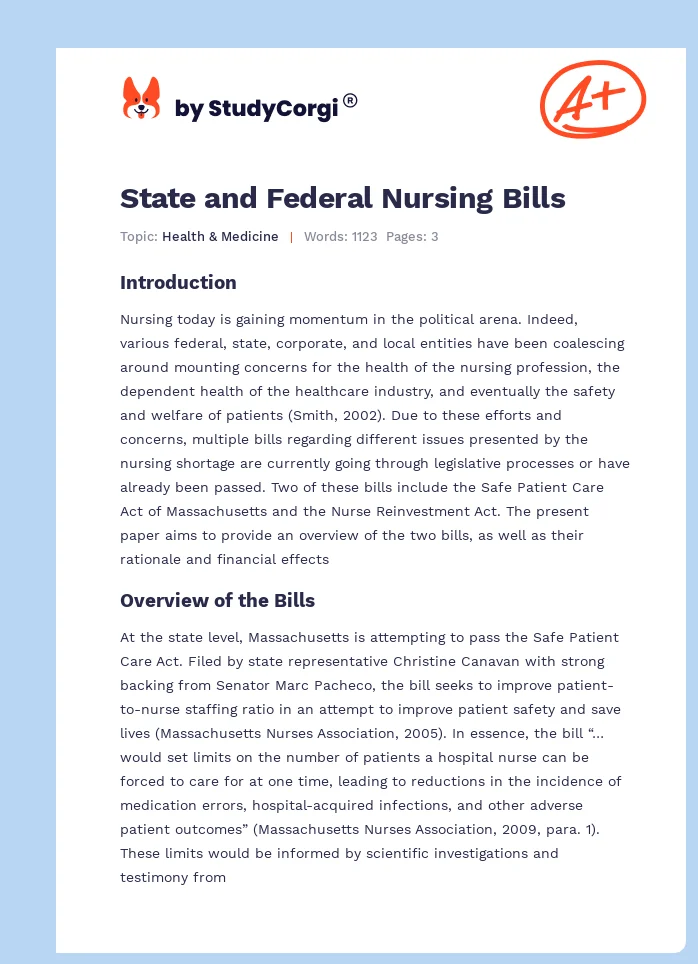 State and Federal Nursing Bills. Page 1