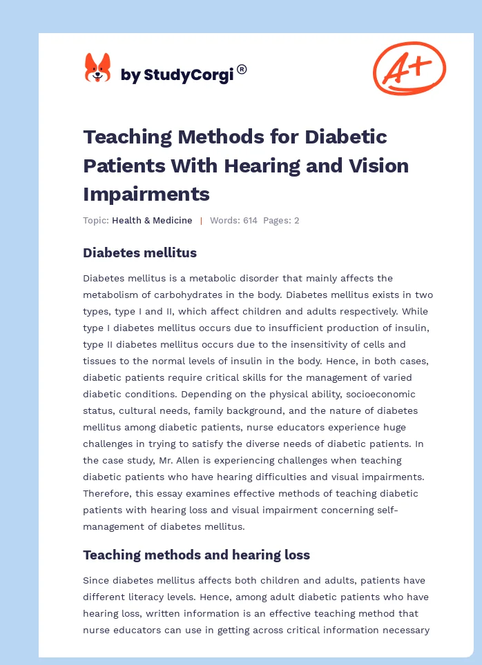 Teaching Methods for Diabetic Patients With Hearing and Vision Impairments. Page 1