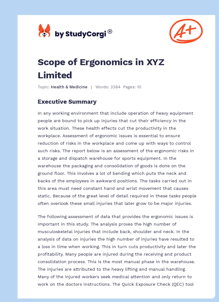 Scope of Ergonomics in XYZ Limited. Page 1