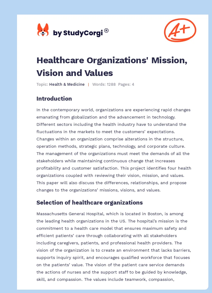 Healthcare Organizations' Mission, Vision and Values. Page 1