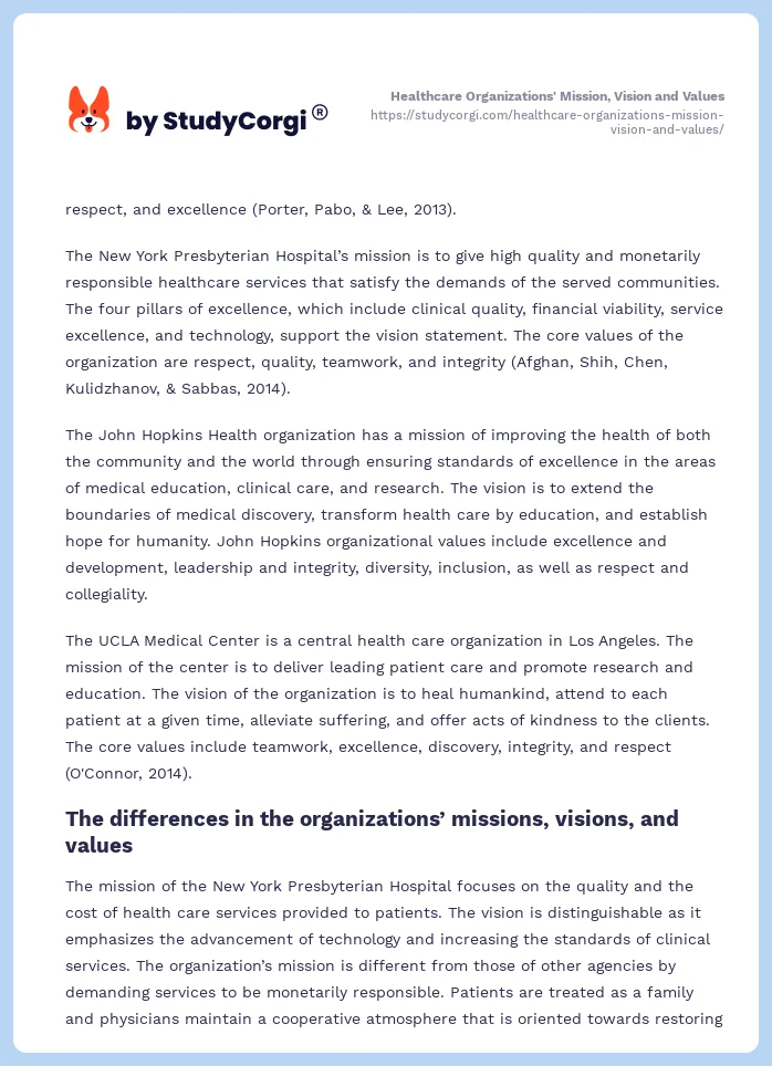 Healthcare Organizations' Mission, Vision and Values. Page 2