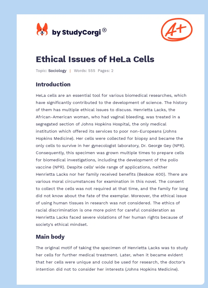 Ethical Issues of HeLa Cells. Page 1
