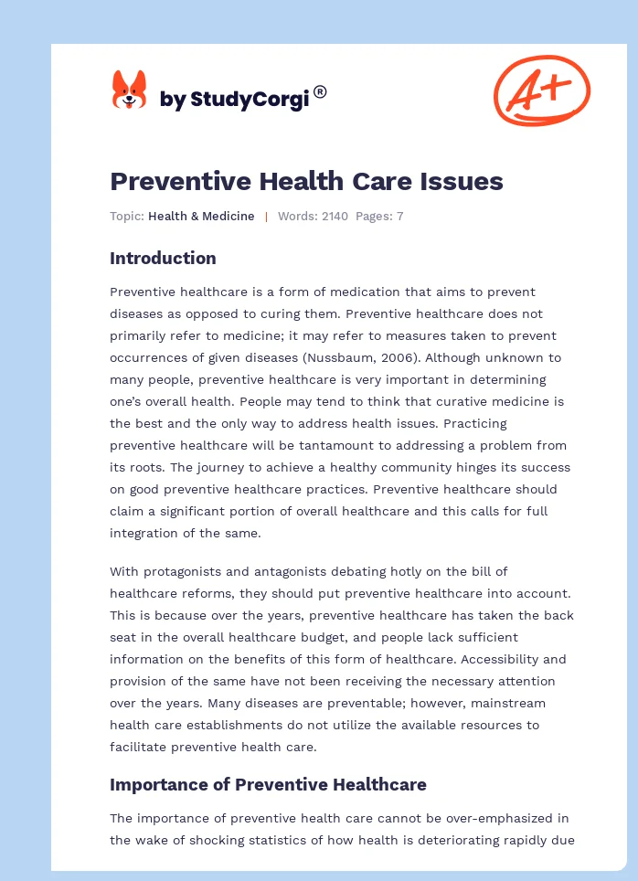 Preventive Health Care Issues. Page 1