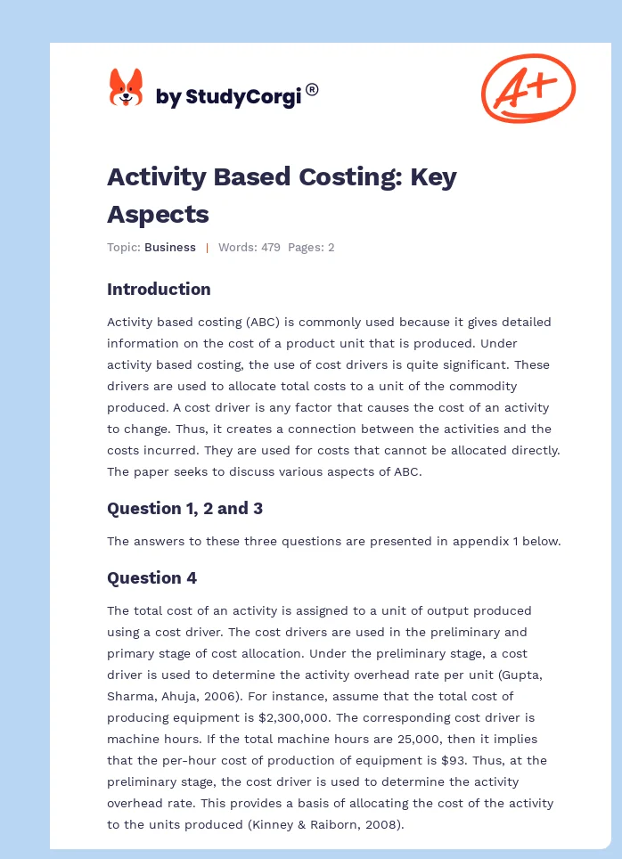 Activity Based Costing: Key Aspects. Page 1