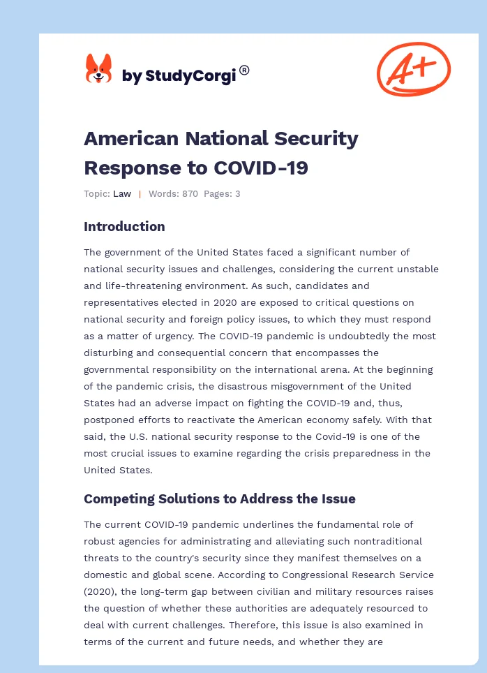 American National Security Response to COVID-19. Page 1