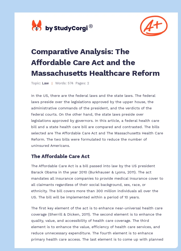 Comparative Analysis: The Affordable Care Act and the Massachusetts Healthcare Reform. Page 1