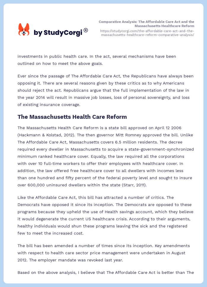 Comparative Analysis: The Affordable Care Act and the Massachusetts Healthcare Reform. Page 2