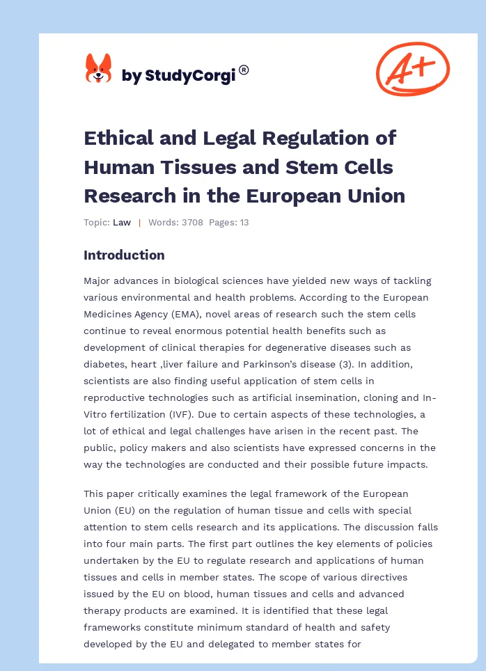 Ethical and Legal Regulation of Human Tissues and Stem Cells Research in the European Union. Page 1