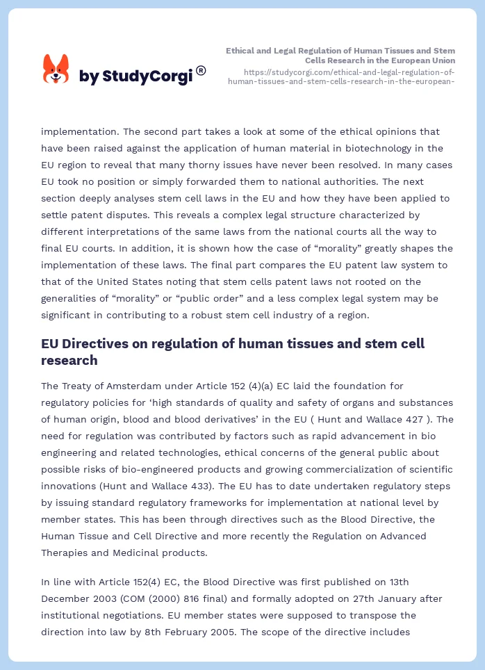 Ethical and Legal Regulation of Human Tissues and Stem Cells Research in the European Union. Page 2