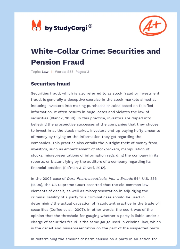 White-Collar Crime: Securities and Pension Fraud. Page 1