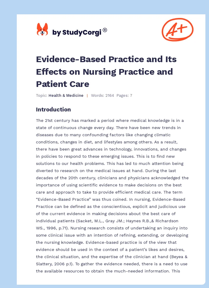 Evidence-Based Practice and Its Effects on Nursing Practice and Patient Care. Page 1