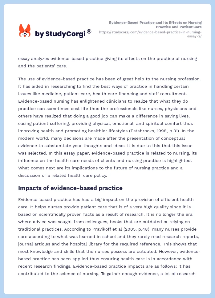 Evidence-Based Practice and Its Effects on Nursing Practice and Patient Care. Page 2