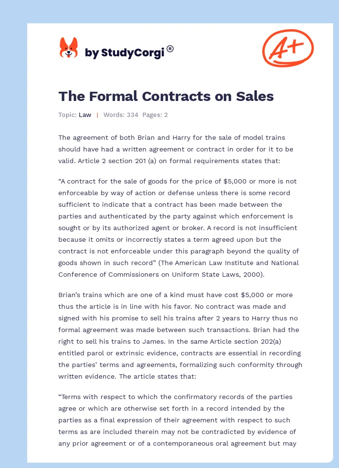 The Formal Contracts on Sales. Page 1